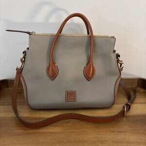 Dooney & Bourke Gray Pebbled Leather Brown Trim Handle Satchel